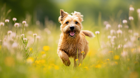 norfolk terrier Dog runs in a field
