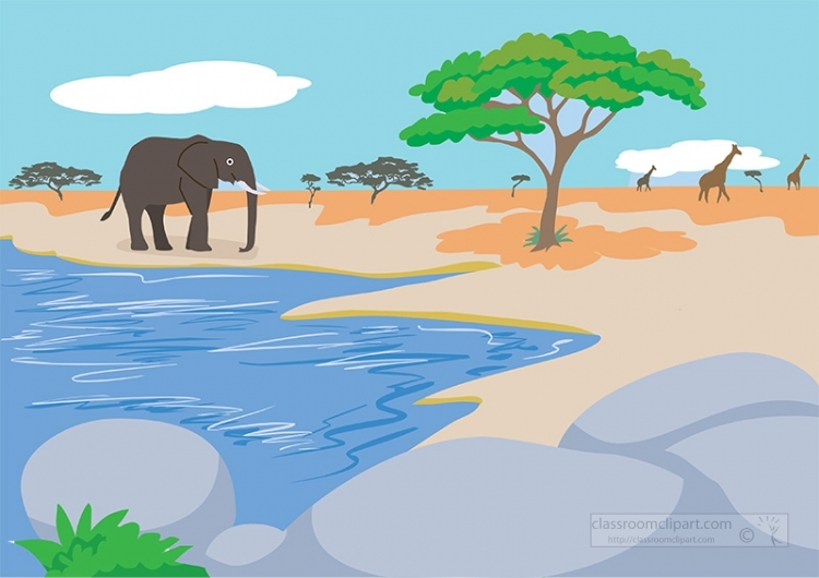 african savanna with elephant giraffe clipart