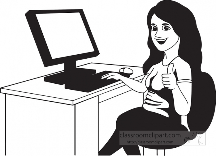 black outline teenage girl student in computer class clipart