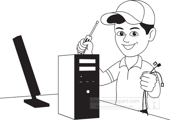 black white computer technician black white clipart