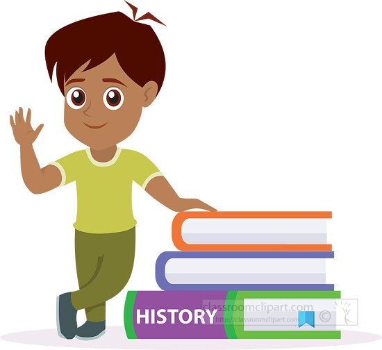 boy student standing next to stack of educational school book