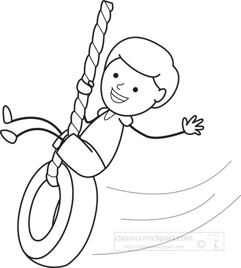 boy swinging on tire black outline clipart