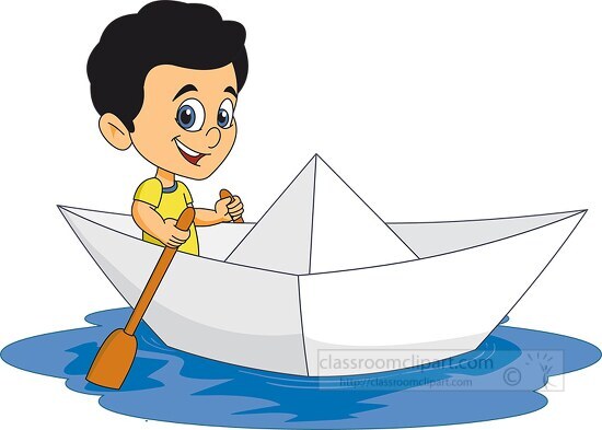 boy with paddle riding big paper boat clipart