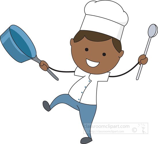 cartoon style chef dancing with frying pan and spoon