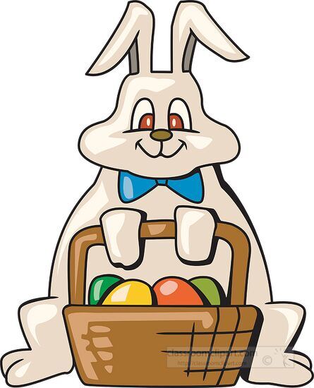 cartoon style easter bunny holding basket with eggs