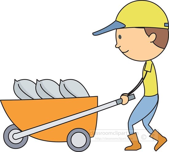 construction man pushing wheelbarrow clipart