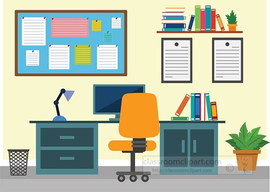 desk computer chair bookshelf bulletin board clipart