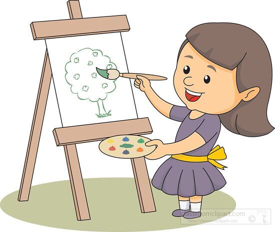 girl holding paint brush painting a tree clipart