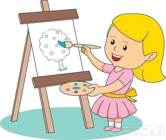 girl holding paint brush painting a tree clipart