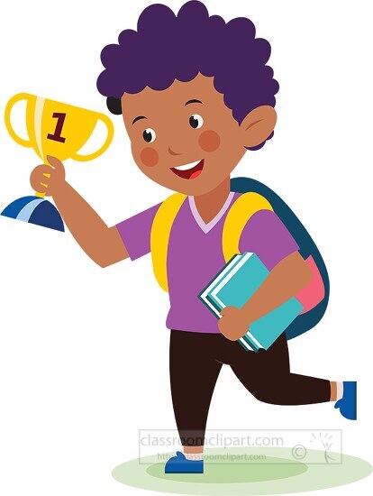 happy cute boy showing trophy school clipart