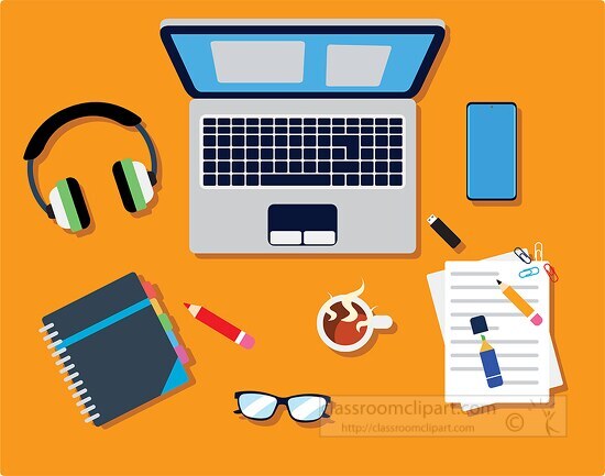 home office workspace laptop headphone notebook clipart