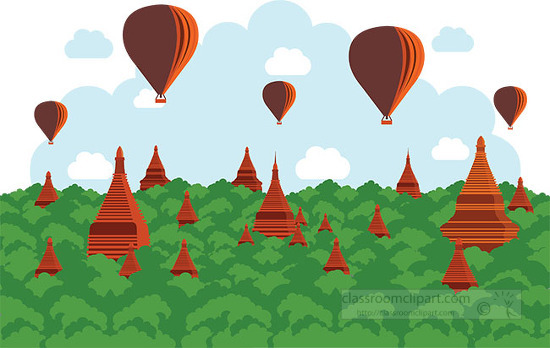 hot air ballooning over bagan myanmar clipart