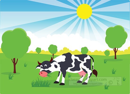 illustration of beautiful nature scene sun shining cow on grassf