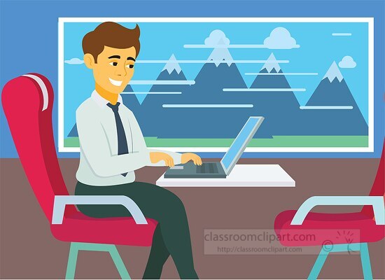 man using laptop sitting train summer travel clipart