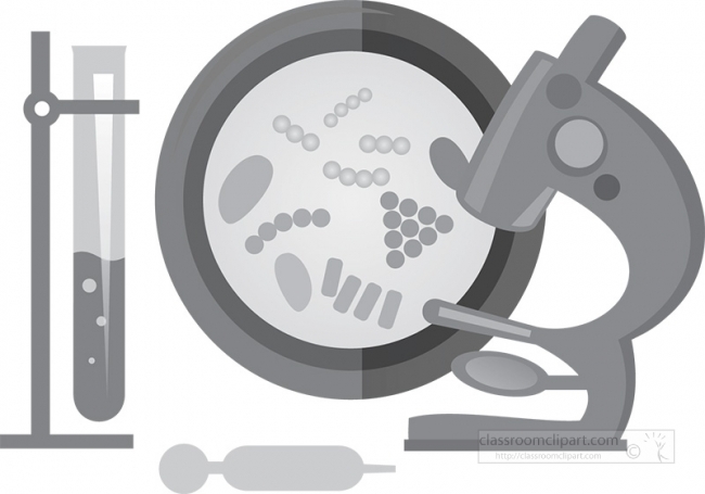 microscope with microrganism and test tubes gray color