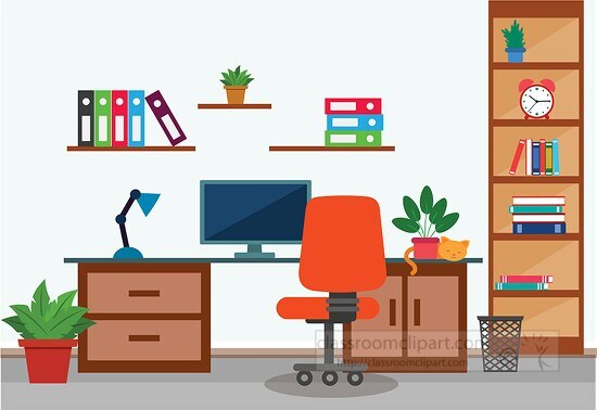 office with desk chair bookshelf computer clipart