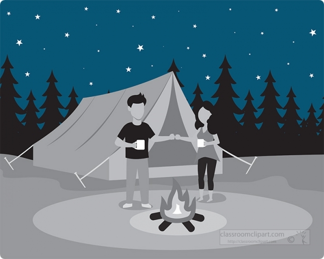 people camping standing near campfire at night gray color