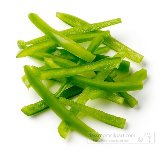 Green bell peppers thinly sliced on white background