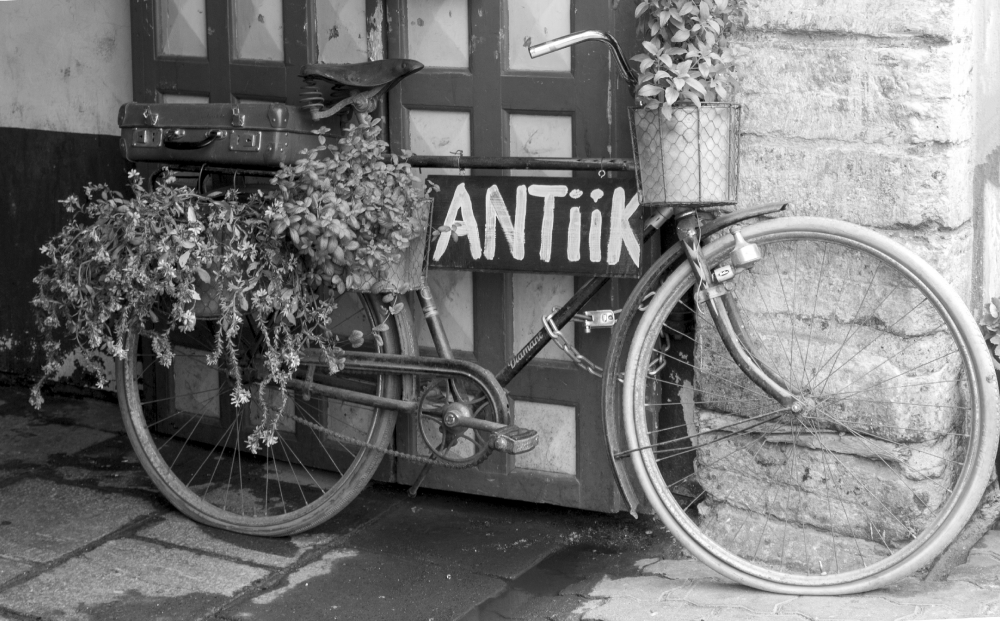 old bike with basket of flowers tallin estonia image