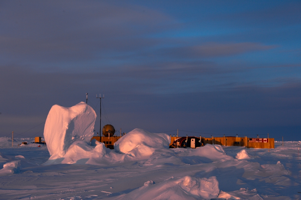 sunset of ice camp nautilus on a sheet of ice adrift on the arct