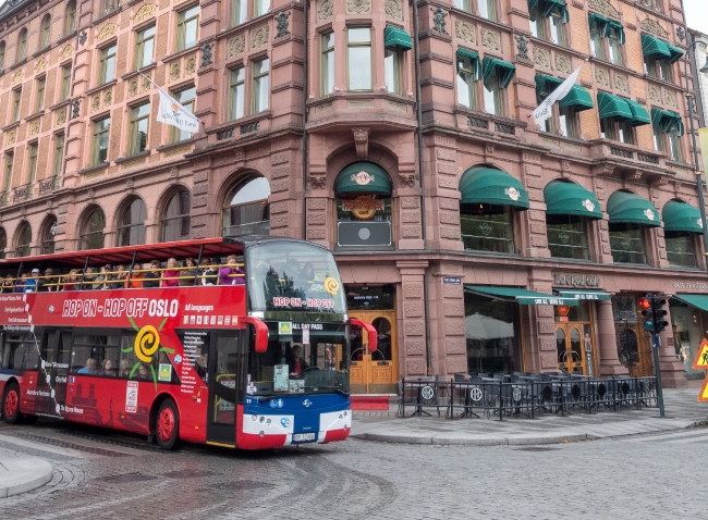 Tour Bus Filled With Tourists Streets Oslo Norway 