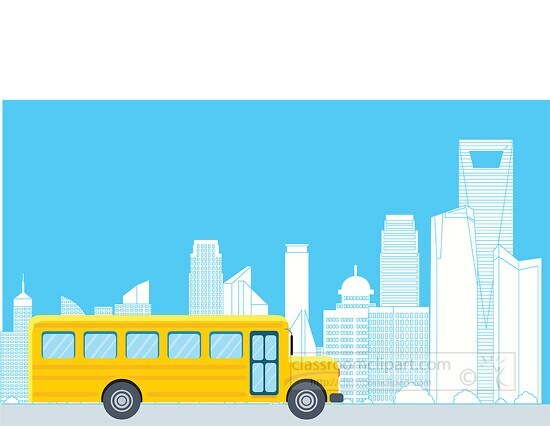 school bus with city skyline highrise in background clipart