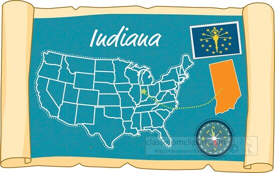 scrolled usa map showing indiana state map flag clipart 2021