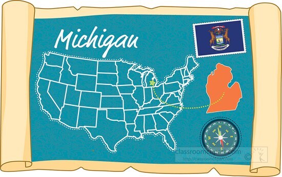 scrolled usa map showing michigan state map flag clipart