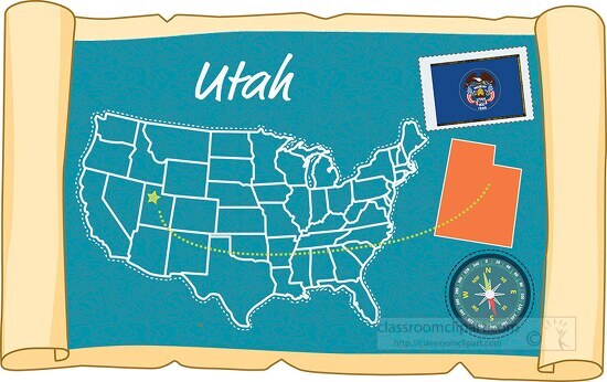 scrolled usa map showing utah state map flag clipart