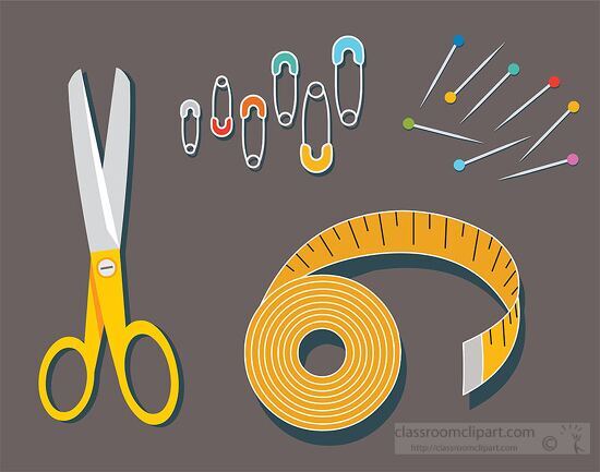 sewing items safety pins measure tape scissors clipart