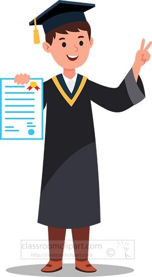 student shows peace sign while showing off degree on graduatio