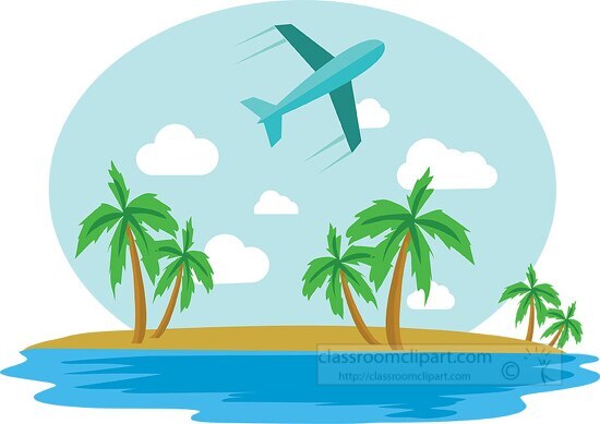 tropical island with palm trees with plane in the sky