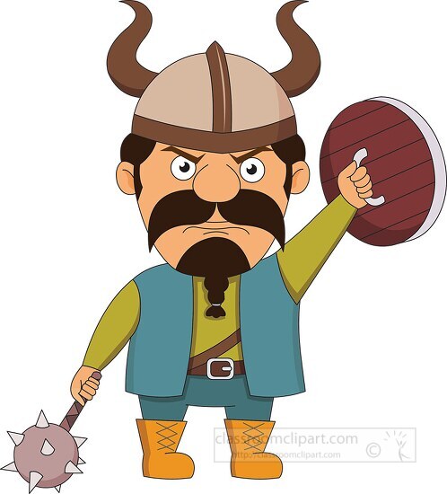 viking with spiked hammer or flail and wooden shield clipart