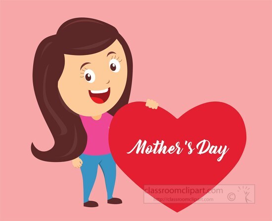 young girl holds heart wishing happy mothers day clipart