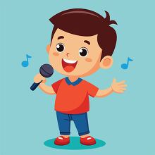  boy in red and blue holding a microphone singing