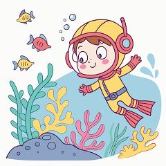 illustration of a child scuba diving among colorful coral reefs and playful fis