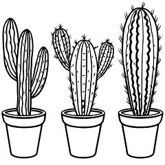  three potted spiny cacti black outline coloring page