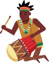 African native playing a large drum while kneeling