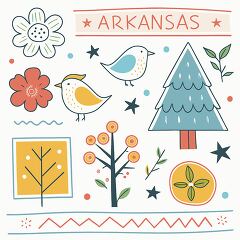 Lively and colorful artwork captures the essence of Arkansas, showcasing charming birds, whimsical flowers, and unique trees. Each element merges seamlessly, reflecting the natural beauty and playful spirit of the region.