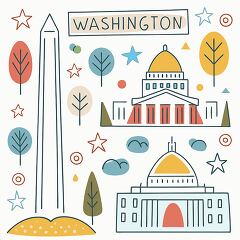 A creative depiction showings the famous Washington Monument and the Capitol building surrounded by stylized trees, colorful stars, and playful clouds. The illustration captures the essence of the city with warm and cool tones, inviting viewers to explore the artistic charm of Washington, D.C.