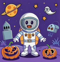 astronaut in space surrounded by halloween pumkins