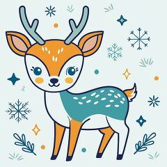 baby deer with small antlers stands surrounded by snowflakes