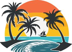 beach scene at sunset with palm trees clipart
