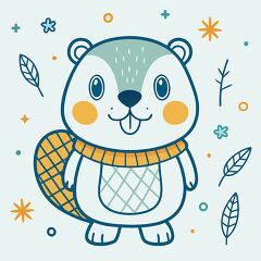 beaver character with a patterned tail has a happy face and sits