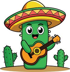 big eyed carton Cactus with Guitar and Sombrero clipart