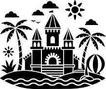 Black and white beach scene with a sandcastle