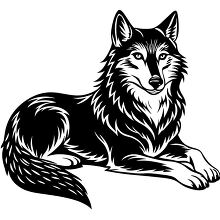 Black and white illustration of a resting wolf