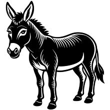 Black and white illustration of a standing donkey