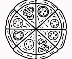 black and white pizza various toppings in eight slices clipart