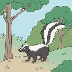 black and white skunk stands in a forest clearing